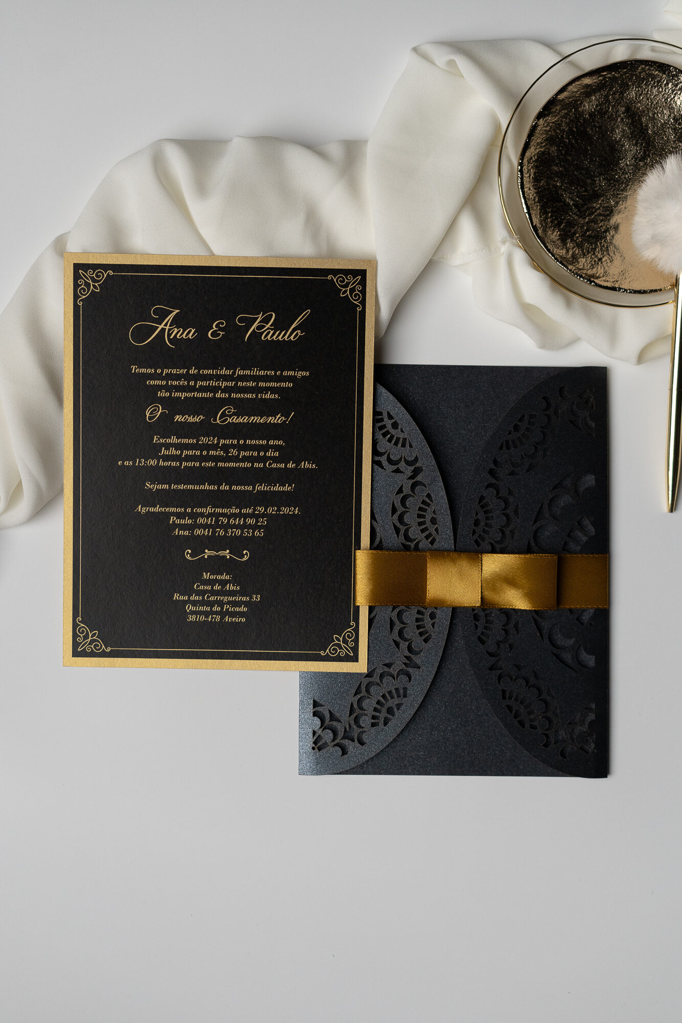 Convite Casamento Rendado preto e dourado