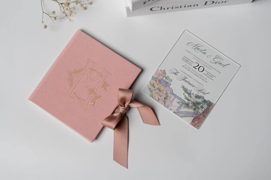 Convite Casamento Acrílico Impressão rosa gold