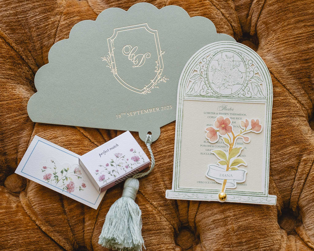 Leque de papel com timeline, caixa de fosforos - wedding paper fan - match box