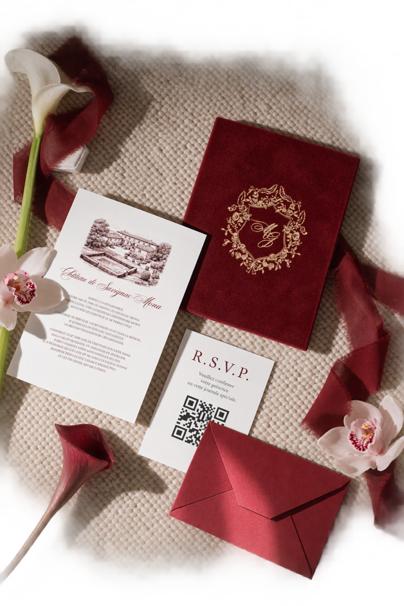 Convite de casamento em veludo bordeaux com letterpress no Château Savignac